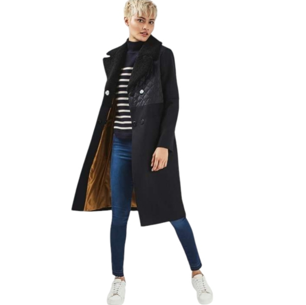 Topshop - Long Black Wool Blend Coat with Borg Collar - 2 - LN